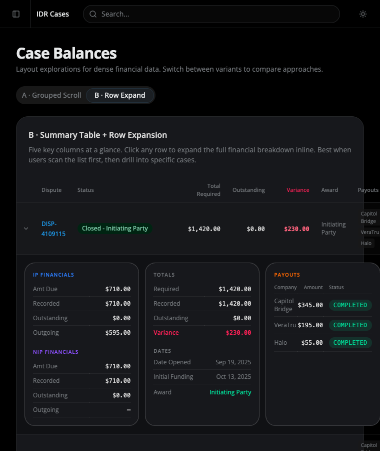 Case Balances row-expand variant with one case expanded into three financial cards